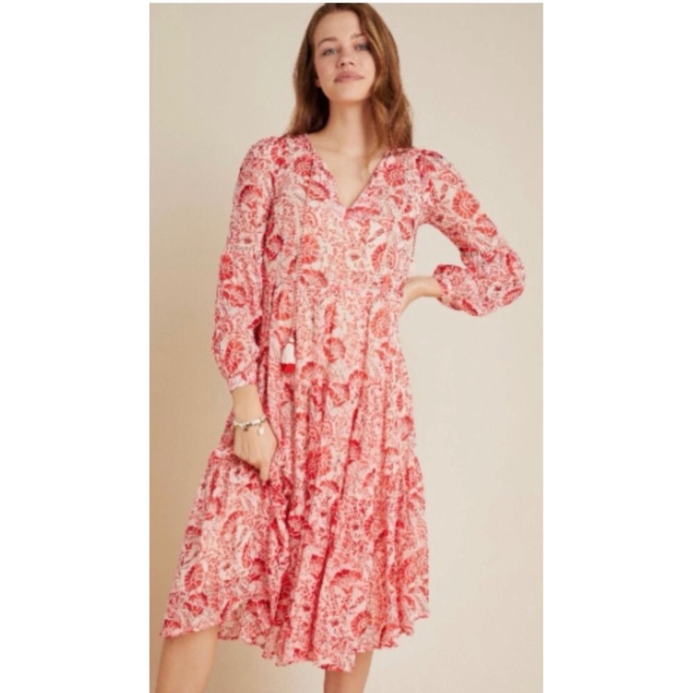 Anthropologie Red Floral Paisley Tiered Midi Dress Tassel Tie V-Neck Small